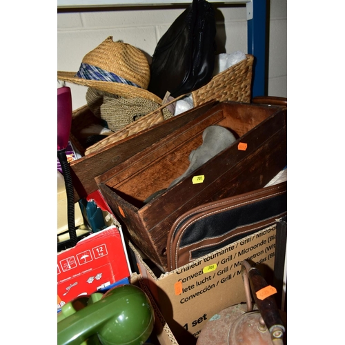 701 - SEVEN BOXES AND LOOSE METALWARES AND SUNDRY HOUSEHOLD ITEMS, to include a Welsh miners lamp by E Tho... 