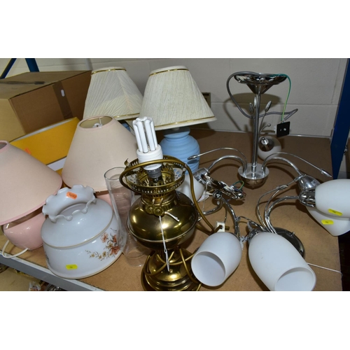 702 - DECORATIVE HOUSEHOLD LIGHTING, comprising matching chrome ceiling and wall lights, brass oil lamp co... 