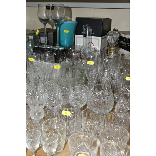 704 - A QUANTITY OF CUT GLASS ETC, to include boxed Royal Worcester wine glasses and decanter, boxed Darti... 