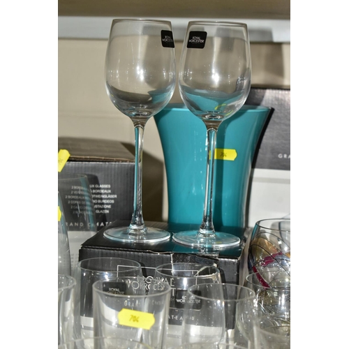 704 - A QUANTITY OF CUT GLASS ETC, to include boxed Royal Worcester wine glasses and decanter, boxed Darti... 