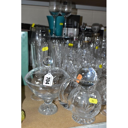 704 - A QUANTITY OF CUT GLASS ETC, to include boxed Royal Worcester wine glasses and decanter, boxed Darti... 