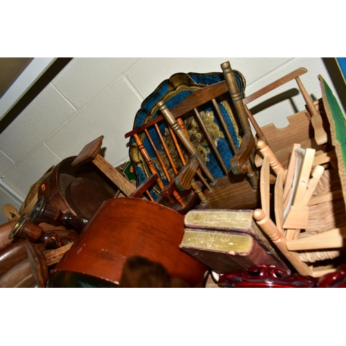 706 - THREE BOXES AND LOOSE WOOD AND TREEN ITEMS ETC, to include a miniature Chinese screen with hand pain... 