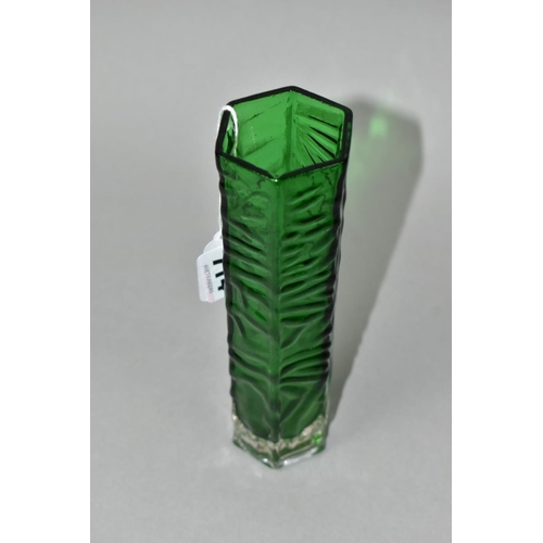 714 - A JAPANESE HEXAGONAL SHAPED SOMMERSO GLASS VASE, clear over a green core, branded as Best Glass when... 