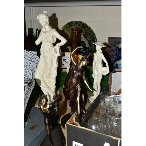 719 - TWO BOXES AND LOOSE DECORATIVE SCULPTURES AND ORNAMENTS ETC, to include a boxed Waterford photo fram... 