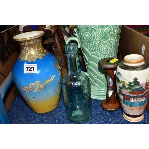 721 - A BOX AND LOOSE SUNDRY ITEMS ETC, to include a Japanese satsuma vase with three female figures on cl... 