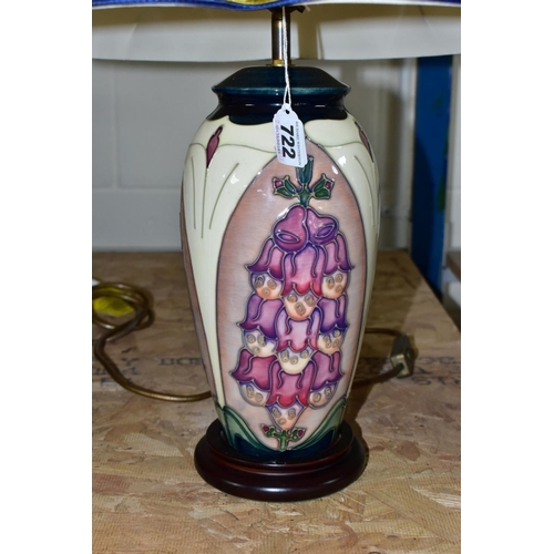 722 - A MOORCROFT POTTERY FOXGLOVE PATTERN TABLE LAMP, designed by Rachel Bishop, with lampshade, approxim... 