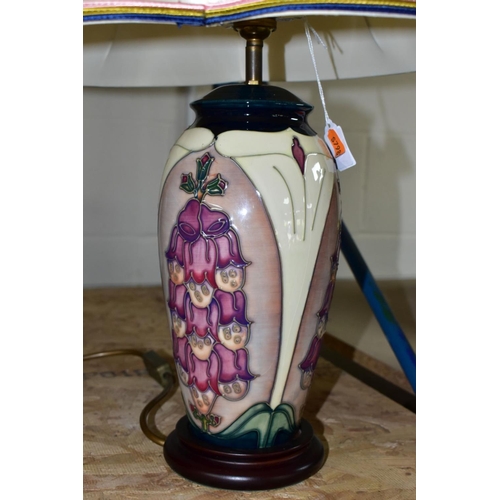 722 - A MOORCROFT POTTERY FOXGLOVE PATTERN TABLE LAMP, designed by Rachel Bishop, with lampshade, approxim... 