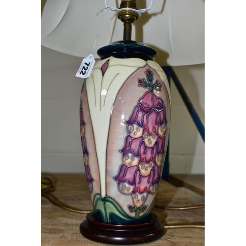 722 - A MOORCROFT POTTERY FOXGLOVE PATTERN TABLE LAMP, designed by Rachel Bishop, with lampshade, approxim... 