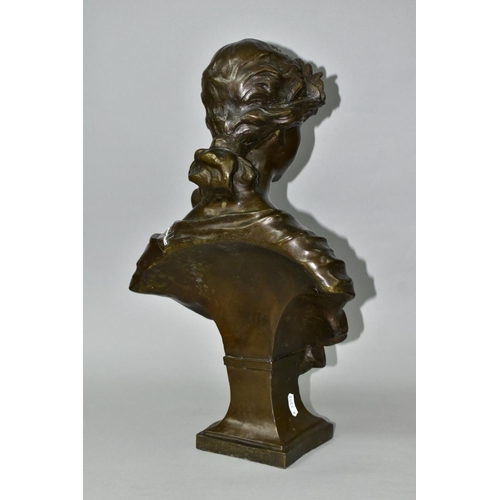 723 - A PATINATED BRONZE BUST, young female with head bowed, garlands in hair and tied shawl over shoulder... 