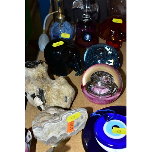 727 - A COLLECTION OF DECORATIVE GLASSWARES ETC, to include a boxed pair of Orrefors candle holders, Wedgw... 