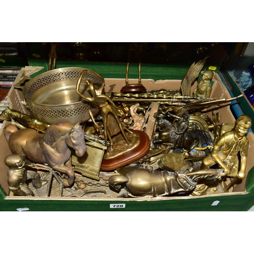 728 - TWO BOXES OF BRASS WARES ETC, to include horse sculptures, horse and plough sculpture, vases, goblet... 