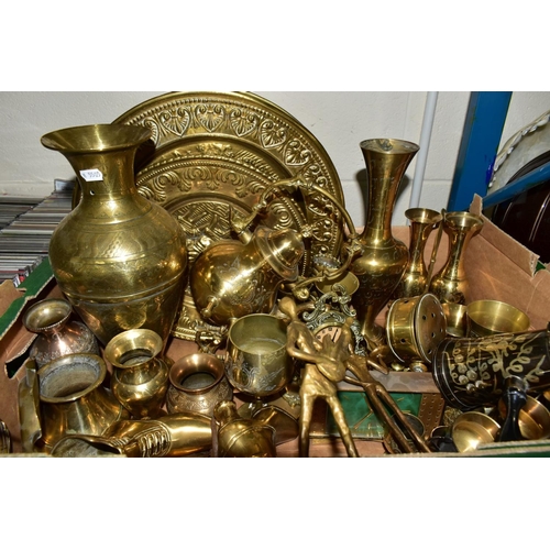 728 - TWO BOXES OF BRASS WARES ETC, to include horse sculptures, horse and plough sculpture, vases, goblet... 