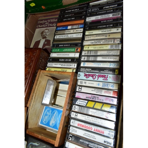 729 - TWO BOXES OF MUSIC CDS AND CASSETTES ETC, artists include Billy Holiday, Django Reinhardt, Frank Sin... 