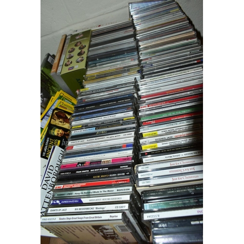 729 - TWO BOXES OF MUSIC CDS AND CASSETTES ETC, artists include Billy Holiday, Django Reinhardt, Frank Sin... 