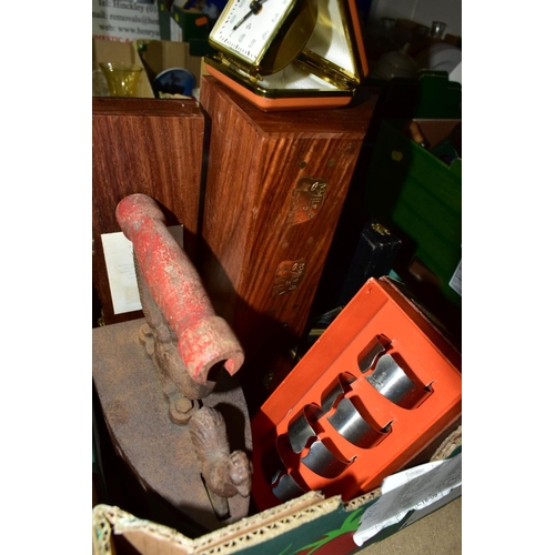 730 - TWO BOXES OF SUNDRY ITEMS ETC, to include a Spong cast iron coffee grinder, Spong bean slicer, Libra... 