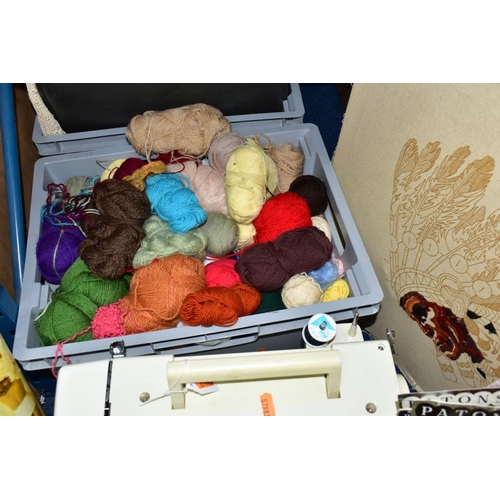 732 - FOUR BOXES AND LOOSE HABERDASHERY AND SUNDRY ITEMS ETC, to include a box of knitting yarns, a box co... 