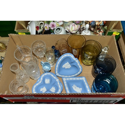 734 - EIGHT BOXES AND LOOSE CERAMICS AND GLASS ETC, to include an Allertons coffee set for six, Japanese p... 