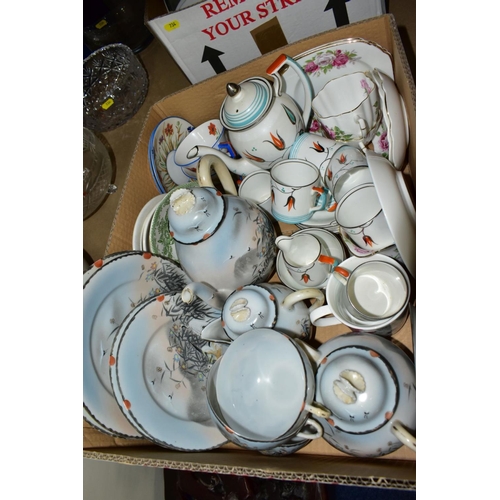 734 - EIGHT BOXES AND LOOSE CERAMICS AND GLASS ETC, to include an Allertons coffee set for six, Japanese p... 