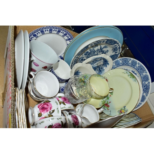 734 - EIGHT BOXES AND LOOSE CERAMICS AND GLASS ETC, to include an Allertons coffee set for six, Japanese p... 