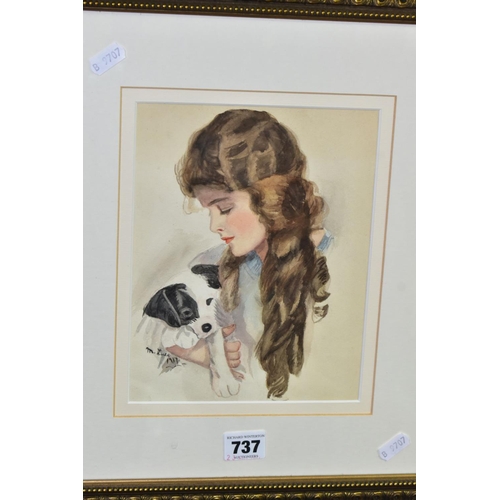 737 - AFTER HARRISON FISHER 'ALL MINE', A PORTRAIT OF A YOUNG WOMAN WITH A PUPPY, a copy of the Harrison p... 