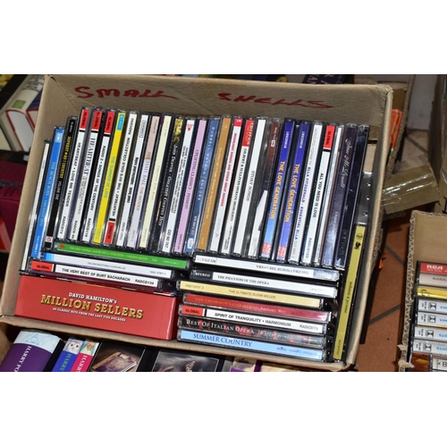 743 - SIX BOXES OF BOOKS, RECORDS, TWIN TRACK MONO TAPES, CDS AND CASSETTE TAPES, to include thirteen reel... 