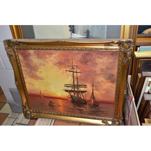 748 - PAINTINGS AND PRINTS ETC, to include a sunset oil on canvas depicting sailing boats at their mooring... 