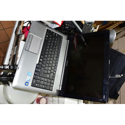 749 - A BOX AND LOOSE LAPTOP, CAMERAS AND SUNDRY ITEMS, to include a cased Medion Akoya laptop, a Canon EO... 