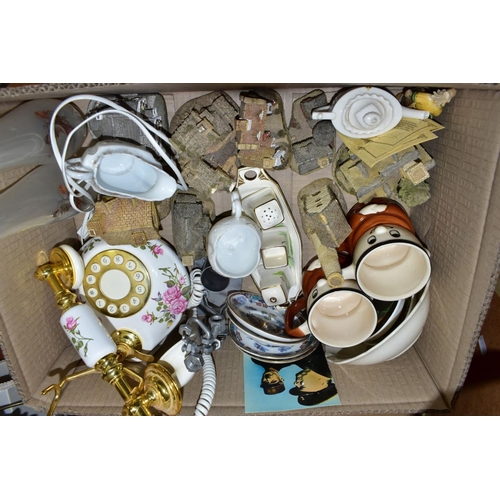 751 - TWO BOXES AND LOOSE CERAMICS, GLASSWARES, LIGHT FITTINGS AND SUNDRY ITEMS, to include two three bran... 