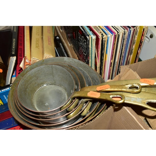 752 - FIVE BOXES AND LOOSE METALWARES, ADVERTISING SIGNS, BOOKS, RECORDS AND SUNDRY ITEMS, to include Marv... 