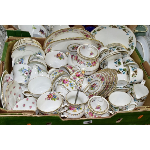 755 - THREE BOXES OF TEA AND DINNER WARES, to include a twenty four piece Royal Grafton Malvern tea set, a... 