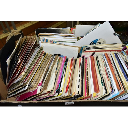 759 - A BOX OF APPROXIMATELY THREE HUNDRED AND FIFTY SINGLES RECORDS, artists include The Beatles, T. Rex,... 