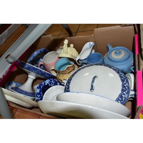 761 - FIVE BOXES OF CERAMICS, GLASS AND METALWARES, mostly kitchen crockery and sundries, including two so... 