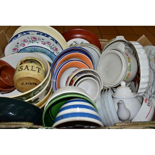 761 - FIVE BOXES OF CERAMICS, GLASS AND METALWARES, mostly kitchen crockery and sundries, including two so... 