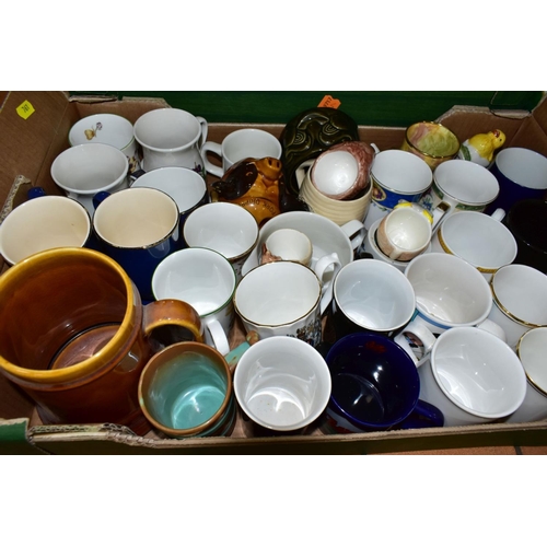 761 - FIVE BOXES OF CERAMICS, GLASS AND METALWARES, mostly kitchen crockery and sundries, including two so... 