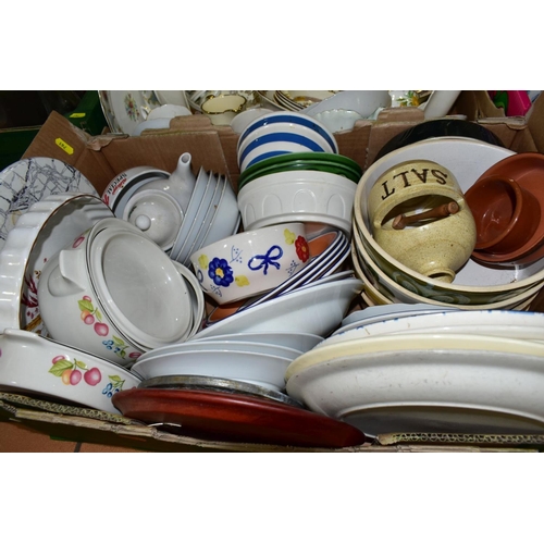 761 - FIVE BOXES OF CERAMICS, GLASS AND METALWARES, mostly kitchen crockery and sundries, including two so... 