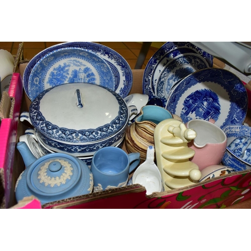 761 - FIVE BOXES OF CERAMICS, GLASS AND METALWARES, mostly kitchen crockery and sundries, including two so... 