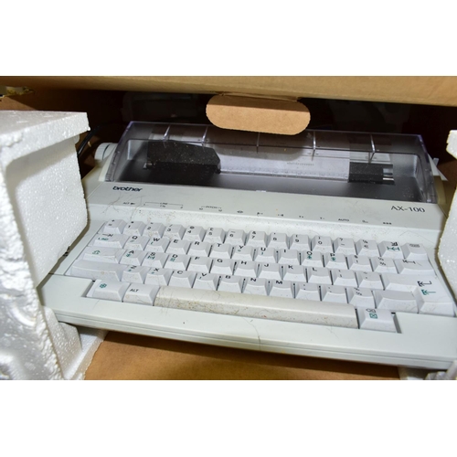 763 - A BOXED BROTHER ELECTRIC TYPEWRITER AX-100 AND TWO BOXES OF CAMERAS, ETC, including a Fostex X-18 Mu... 