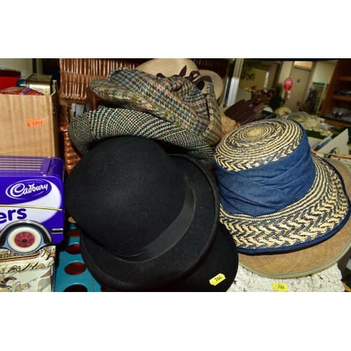 764 - SEVEN BOXES AND LOOSE HABERDASHERY ITEMS, TINS, HATS, ETC, including two bowler hats, ladies and gen... 