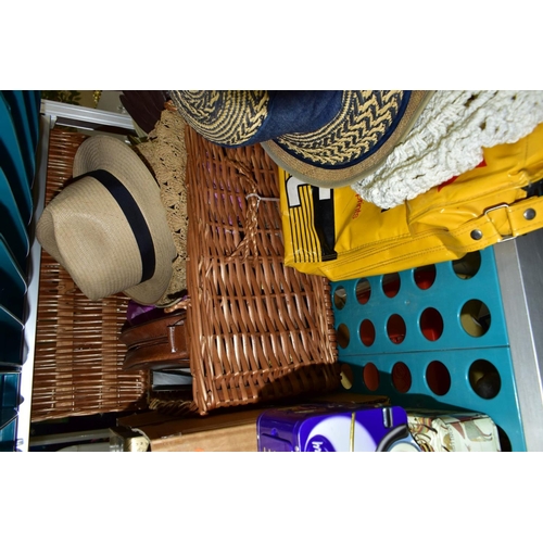 764 - SEVEN BOXES AND LOOSE HABERDASHERY ITEMS, TINS, HATS, ETC, including two bowler hats, ladies and gen... 