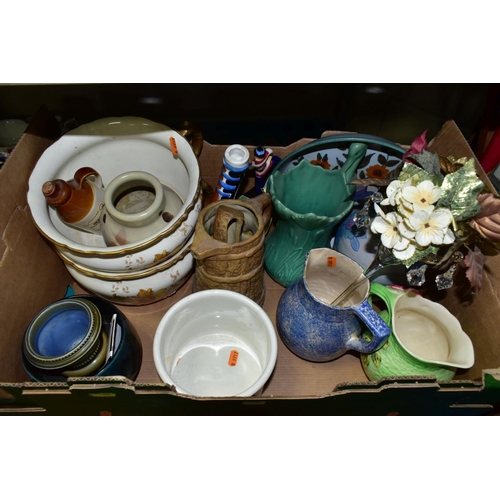 765 - FIVE BOXES AND LOOSE CERAMICS, WALKING STICKS, TABLE LAMPS, ETC, including twenty three collectors p... 