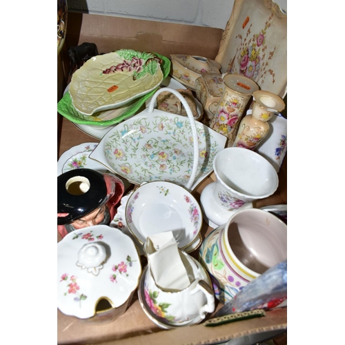 765 - FIVE BOXES AND LOOSE CERAMICS, WALKING STICKS, TABLE LAMPS, ETC, including twenty three collectors p... 