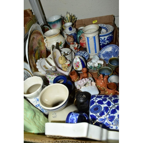 765 - FIVE BOXES AND LOOSE CERAMICS, WALKING STICKS, TABLE LAMPS, ETC, including twenty three collectors p... 