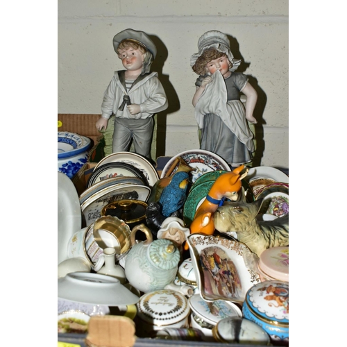 765 - FIVE BOXES AND LOOSE CERAMICS, WALKING STICKS, TABLE LAMPS, ETC, including twenty three collectors p... 