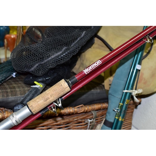 768 - A SMALL QUANTITY OF FISHING EQUIPMENT, including a W.B. Clarke of Redditch three section cane rod, a... 