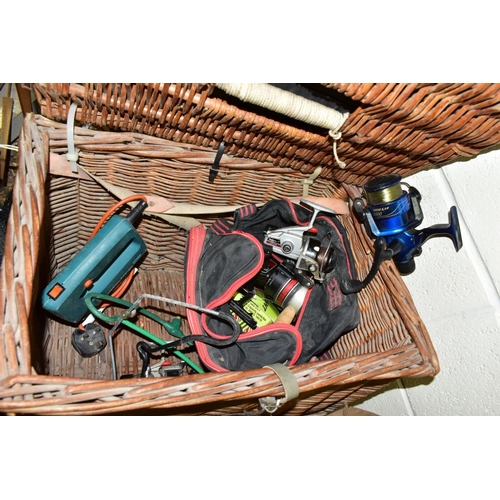 768 - A SMALL QUANTITY OF FISHING EQUIPMENT, including a W.B. Clarke of Redditch three section cane rod, a... 