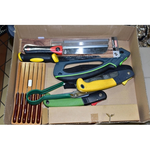 769 - A BOX OF GARDENING AND WOODWORKING TOOLS, including a cased set of Powerfix Profi+ wood carving chis... 