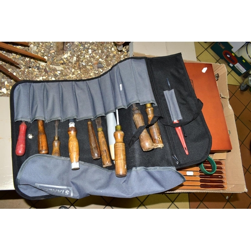 769 - A BOX OF GARDENING AND WOODWORKING TOOLS, including a cased set of Powerfix Profi+ wood carving chis... 