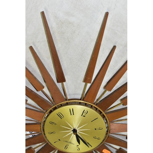 770 - A SETH THOMAS OF SCOTLAND TEAK SUNBURST WALL CLOCK, Arabic numerals, missing one of the metal and wo... 