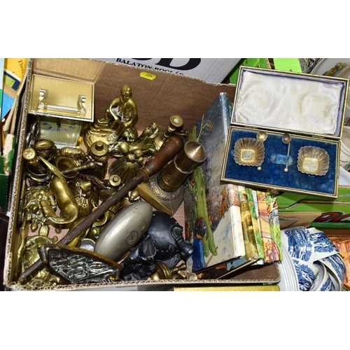 771 - FIVE BOXES AND LOOSE ASSORTED FOOTBALL CARDS, CERAMICS, GLASS, METALWARE AND SIX RUPERT ANNUALS, the... 