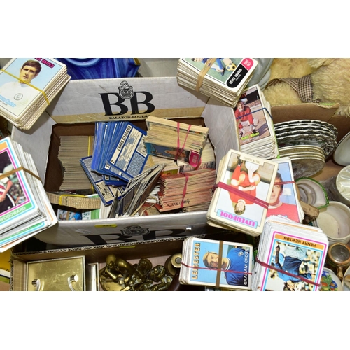 771 - FIVE BOXES AND LOOSE ASSORTED FOOTBALL CARDS, CERAMICS, GLASS, METALWARE AND SIX RUPERT ANNUALS, the... 